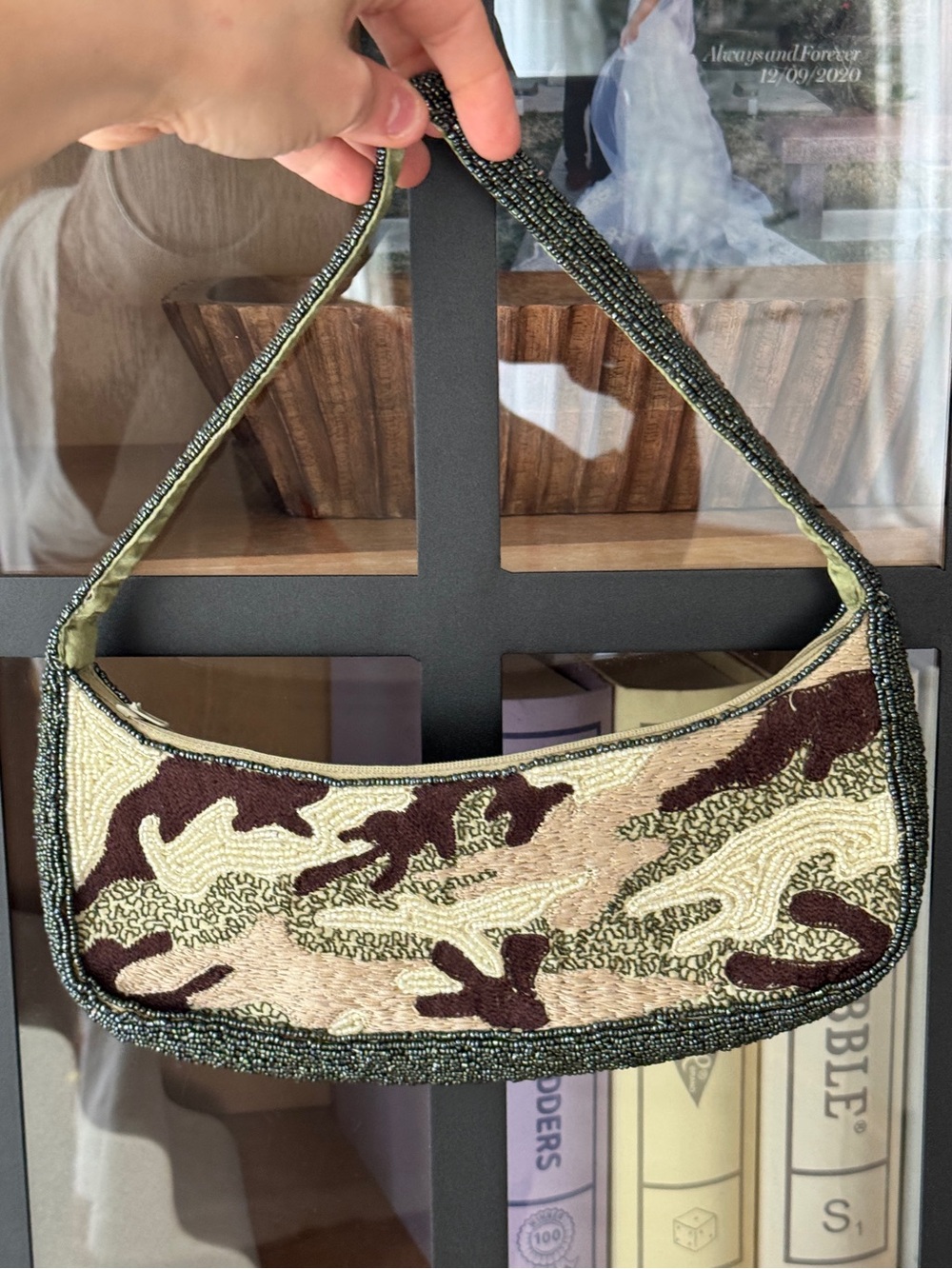 Vintage y2k Beaded Camo Shoulder Bag Beaded Purse mini embroidered olive saddle